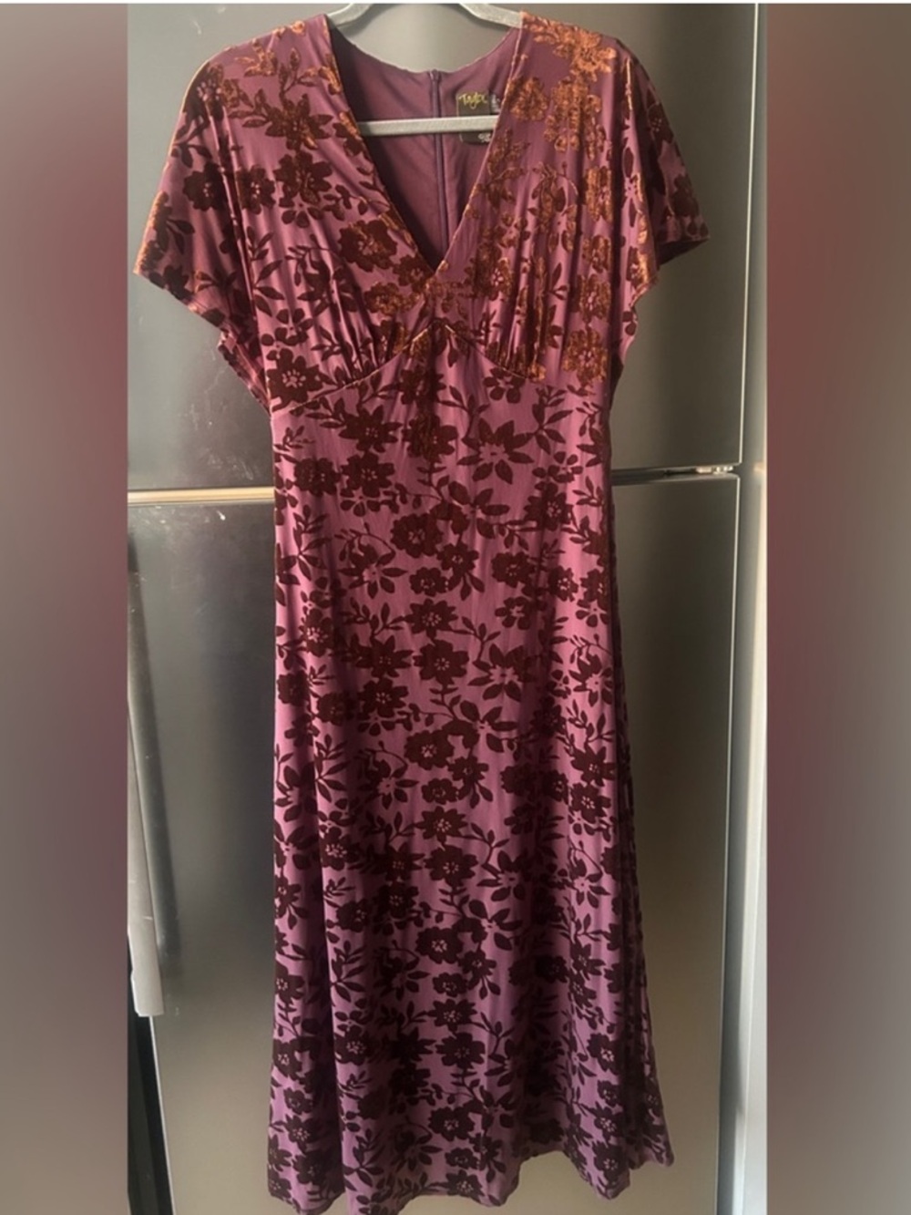 Taylor Burgundy Velvet Burnout Midi Dress Romantic Boho Fit & Flare